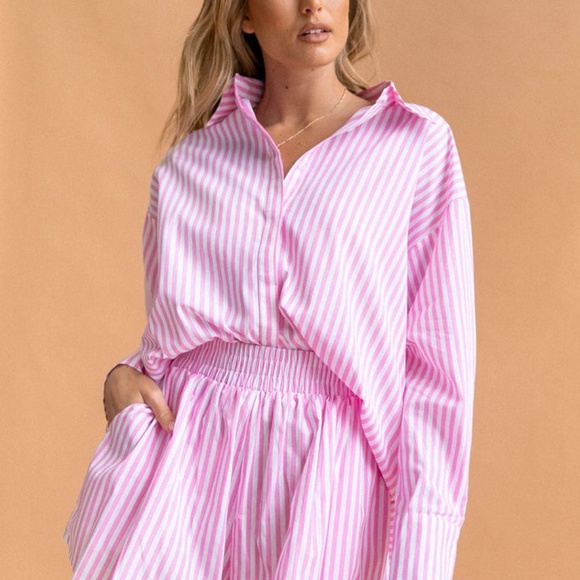 Pink Pinstripe Matching Set- Shorts and Button Up Long Sleeve Shirt - Picture 8 of 16
